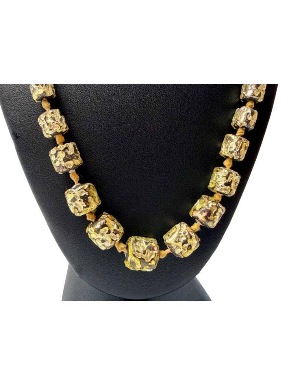 Vintage Murano Chunky Knotted Resin Prayer Bead Necklace Gold Foil Black 32" - Picture 9 of 11